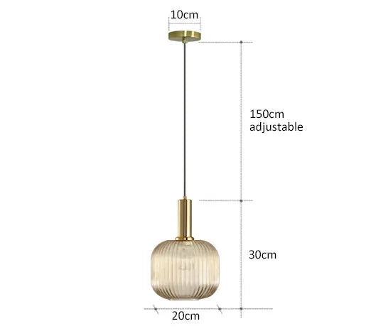 Retro amber ribbed glass pendant light with brass hardware, 20 cm dia, 30 cm high, 150 cm cord by Simples Market