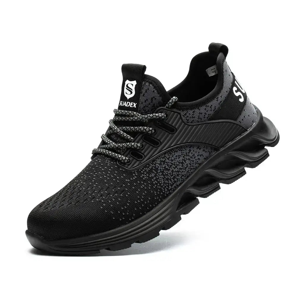 SUADEX safety shoes, black breathable knit with steel toe, unisex lightweight work footwear