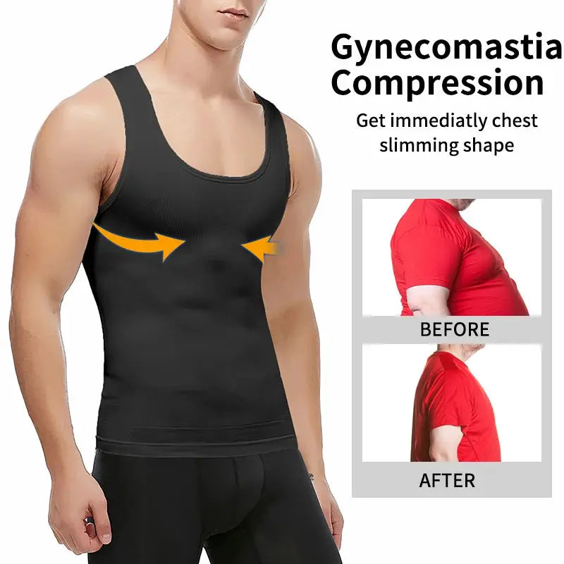 Mens black slimming body shaper compression shirt by Simples Market for chest and abdomen, compression arrows