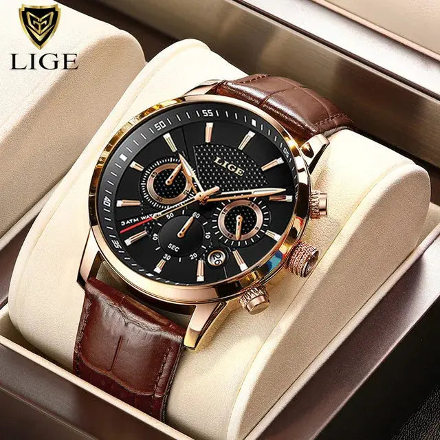 LIGE 2025 Mens Fashion Sports Quartz Watch Leather Strap Waterproof Date Stainless Steel Case