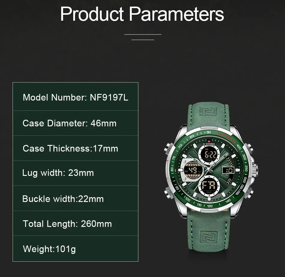 Naviforce men's military-style chronograph watch, green dial and strap, NF9197L, 46mm case