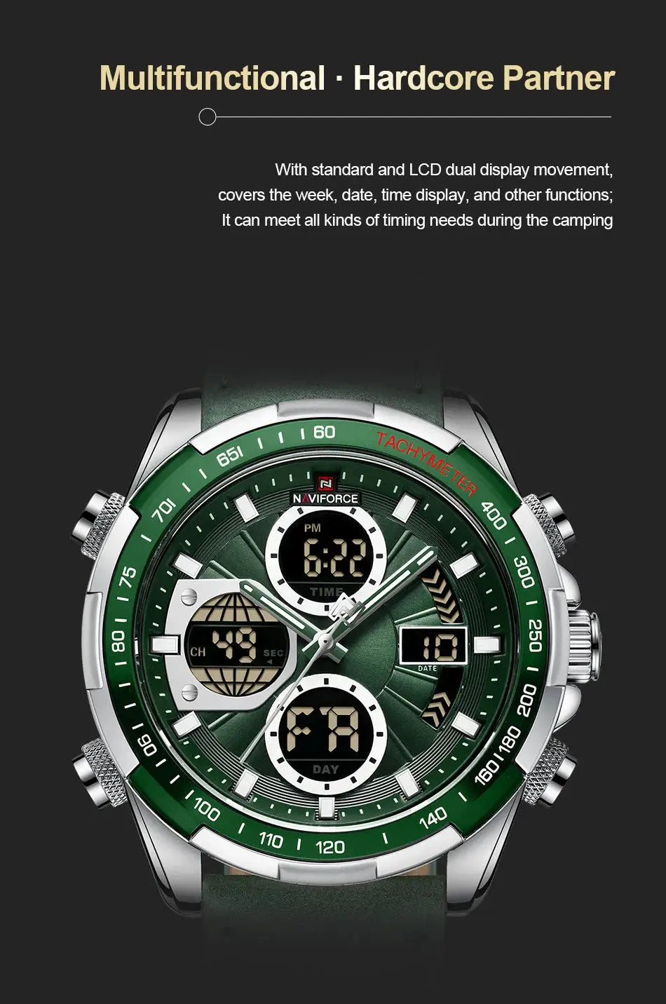 NAVIFORCE men's military-style chronograph watch with green dial, green bezel, and green strap.
