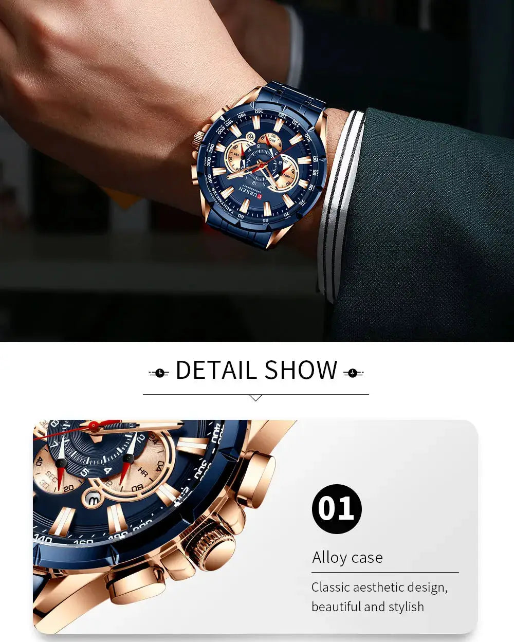 CURREN men's chronograph watch with blue dial, rose-gold alloy case and blue stainless steel band; luminous hands.