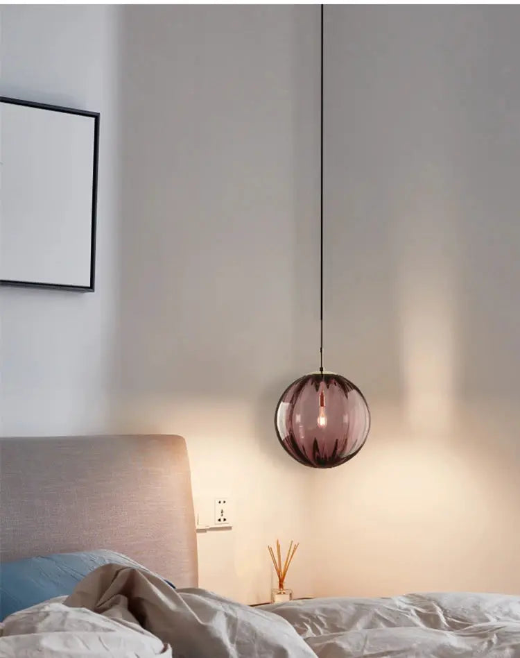 Modern LED Pendant Light by Simples Market, purple glass ball pendant for bedroom.