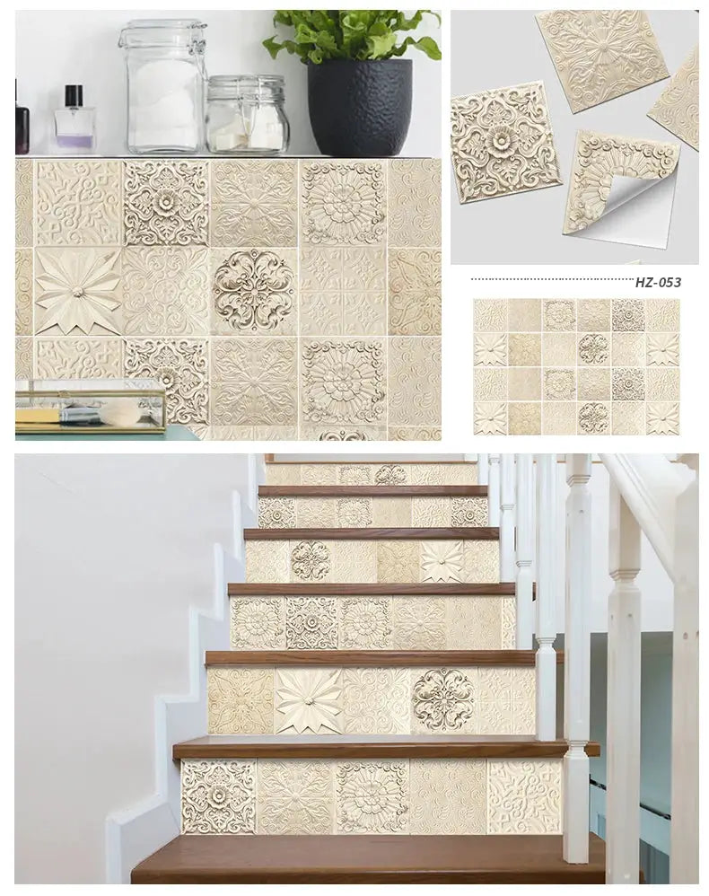 Simples Market 24pcs light beige tile wall sticker set, waterproof self-adhesive decals with embossed patterns.