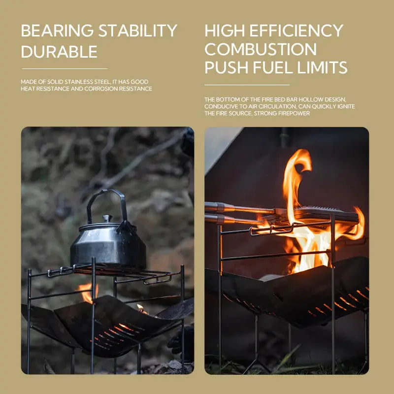 CAMPINGMOON SOLO-A4 stainless steel portable folding BBQ grill for camping; kettle on a stand over a campfire with a metal grill frame