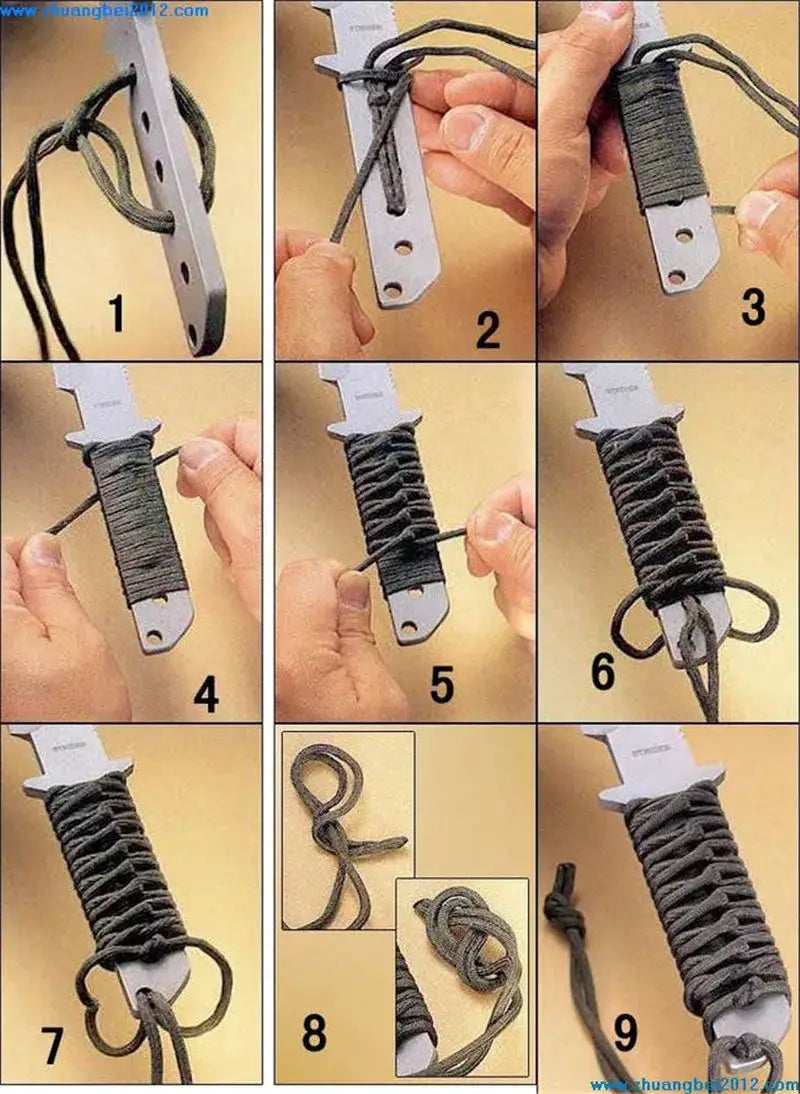 Military 550 Paracord Rope 4mm, gray, shown in a step-by-step wrap around a metal loom by Simples Market