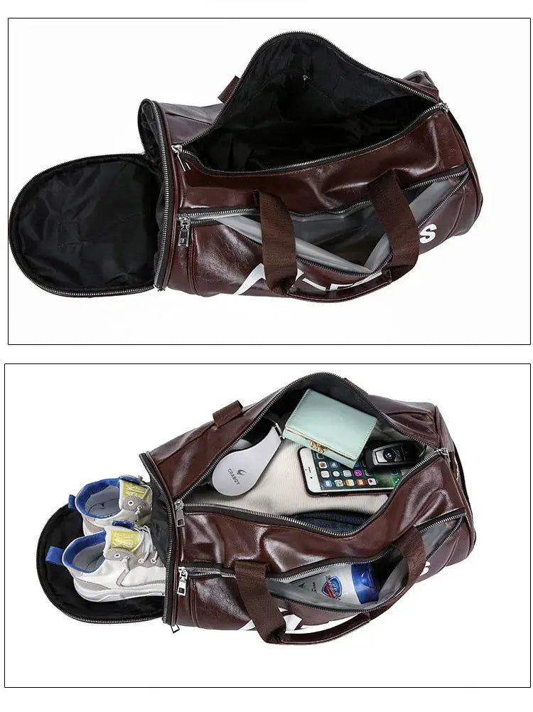 Simples Market brown leather sport gym bag with shoe storage pocket, waterproof, shoulder bag with multiple compartments