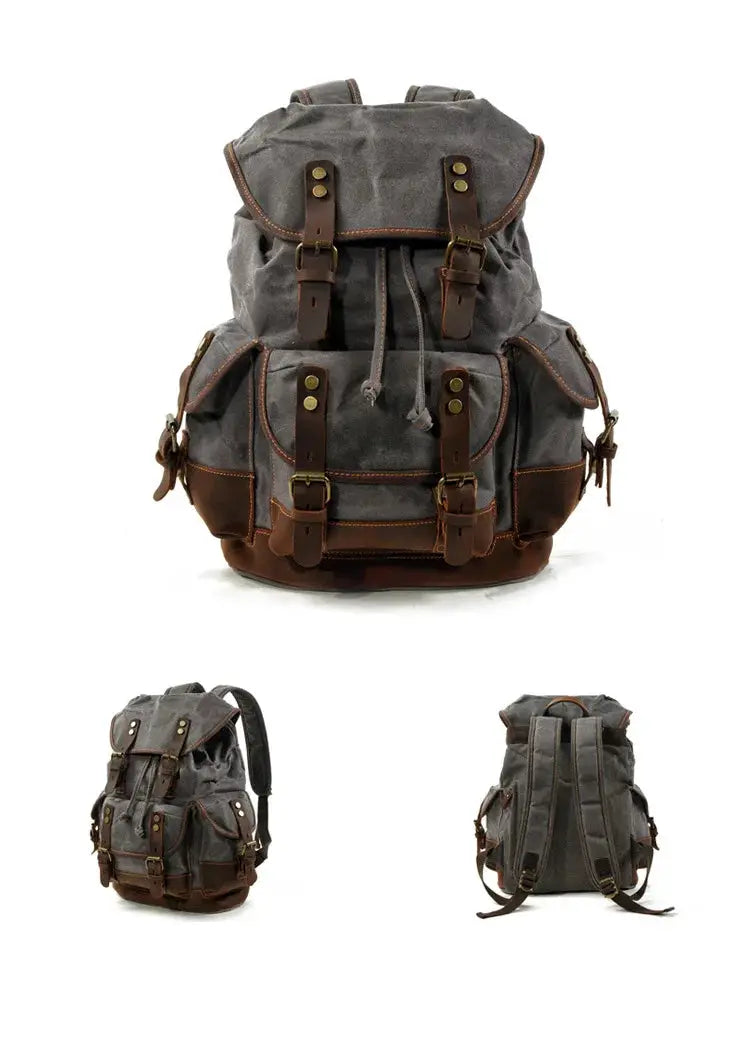 Simples Market vintage gray waxed-canvas backpack with brown leather straps and brass buckles