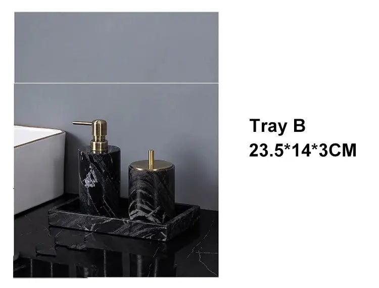 Simples Market ancient wood-grain marble bathroom set: soap dispenser and toothbrush holder on a black marble tray