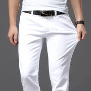 Men's white jeans, slim fit casual trousers with soft stretch fabric