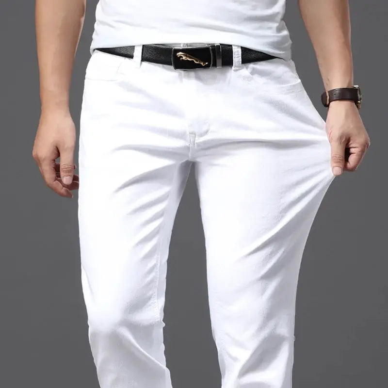 Men's white jeans, slim fit casual trousers with soft stretch fabric