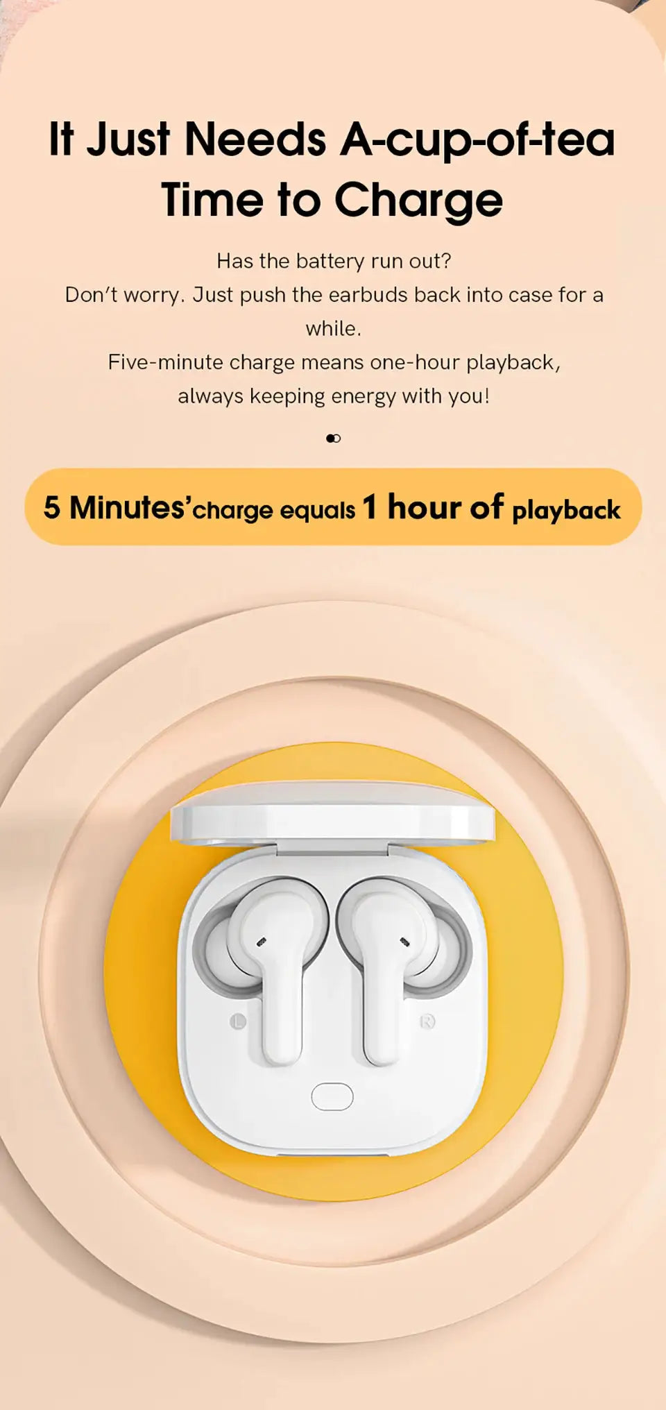 QCY T13 wireless earbuds in charging case, white TWS earphones on peach background