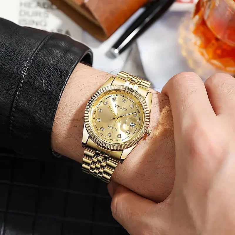 Luxury Mens Full Steel Quartz Wristwatch With Date Golden Finish Timeless Brand Timepiece