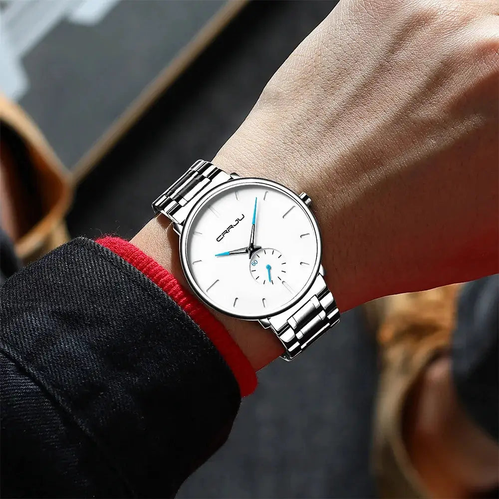 CRRJU men's stainless steel wrist watch with white dial and blue hands