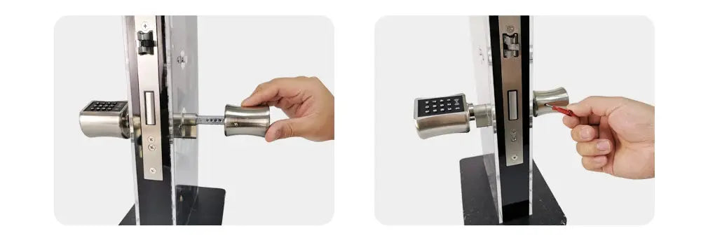 V1 Pro+ smart door lock by Simples Market with keypad and RFID card entry on a metal cylinder