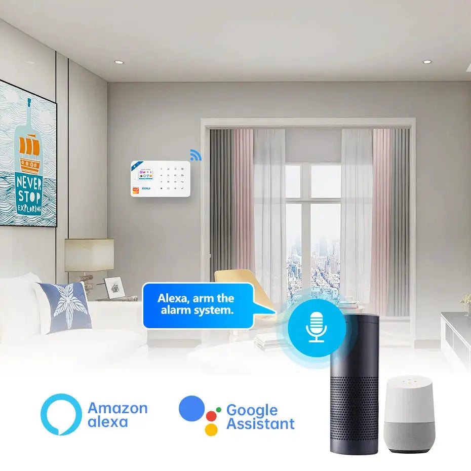 KERUI W184 alarm system unit, white wall-mounted keypad with motion sensor, supports Alexa and Google Assistant