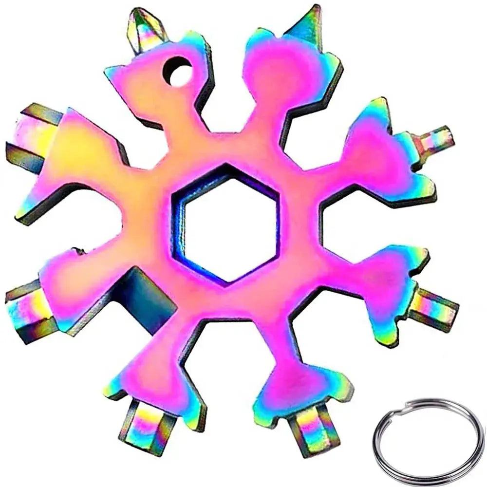 Snowflake 18-in-1 multi-tool with iridescent pink stainless steel finish and key ring