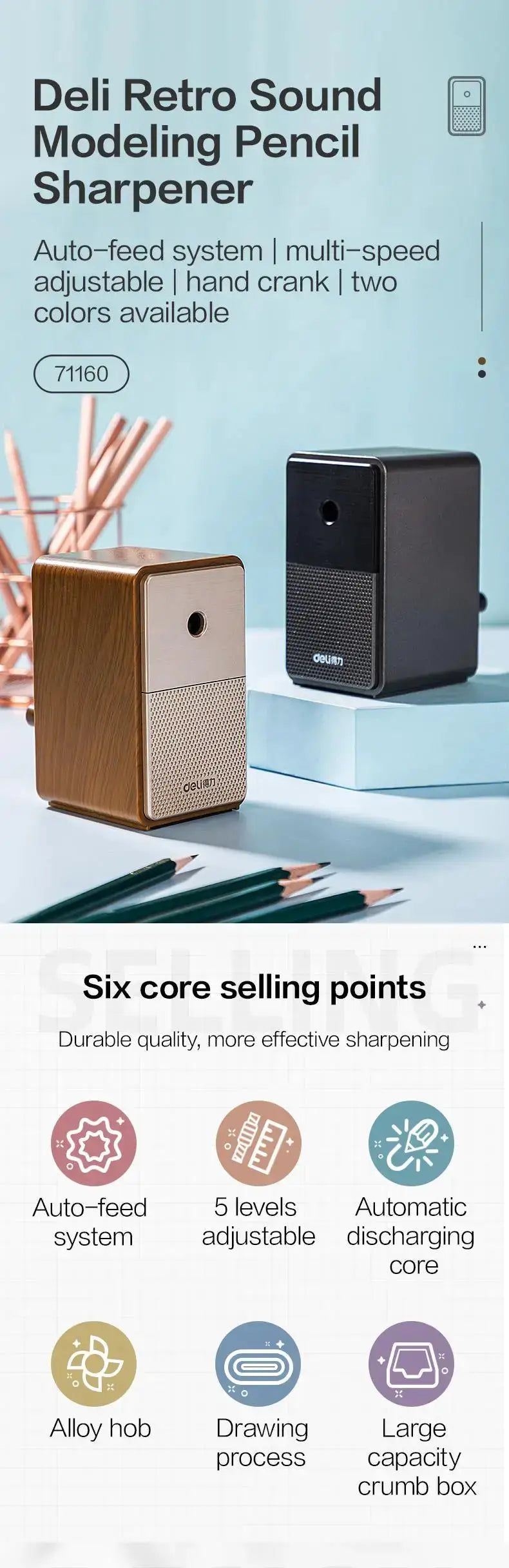 Deli pencil sharpener set (2) in wood grain and black finishes with hand-crank auto-feed design.