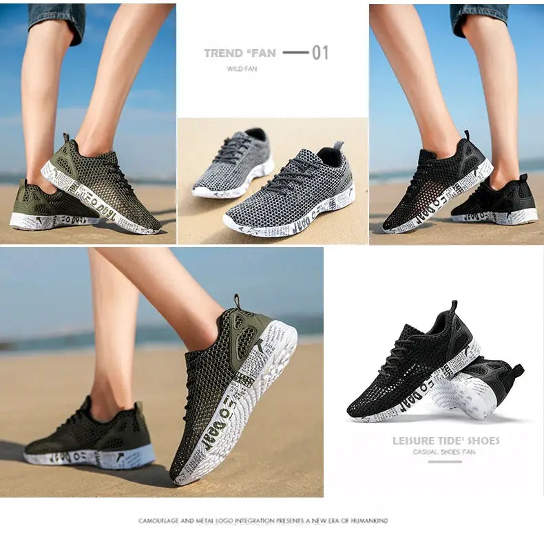 Men's aqua mesh sneakers with foam sole; beach-ready casual footwear in green, gray and black colorways