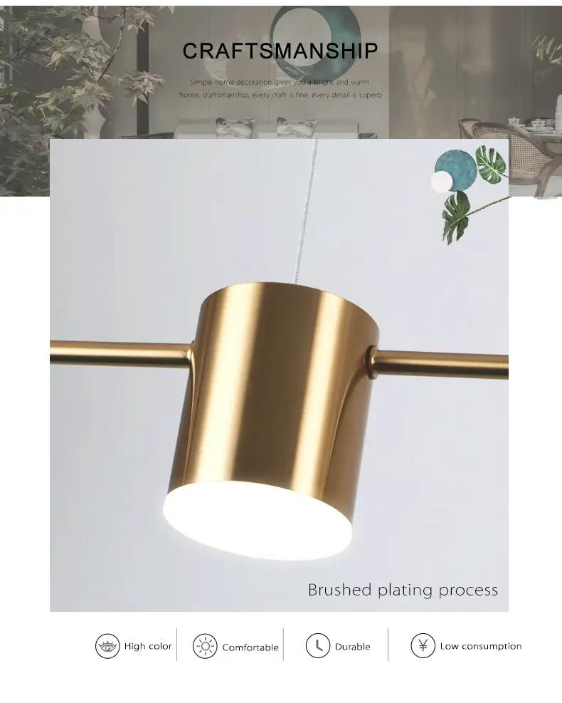 Modern LED ceiling pendant chandelier in brushed brass with a cylindrical shade and horizontal arms; dimmable indoor lighting.