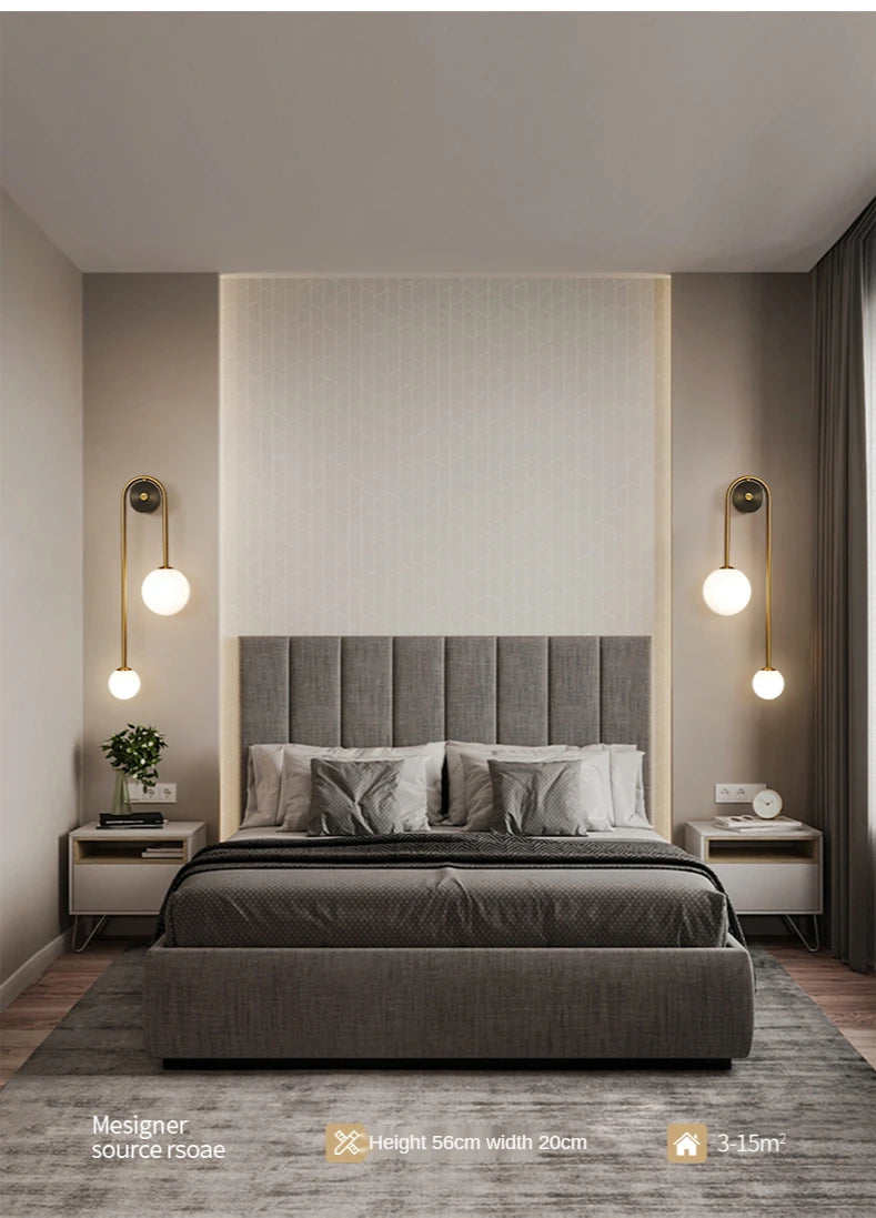 Modern wall lamp with glass ball shade, LED, gold finish; pair of Nordic-style bedside sconces.