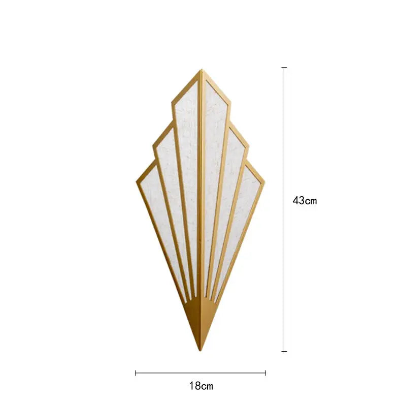 Nordic LED iron wall lamp by Simples Market, gold geometric fan frame with white glass panels, 43×18 cm