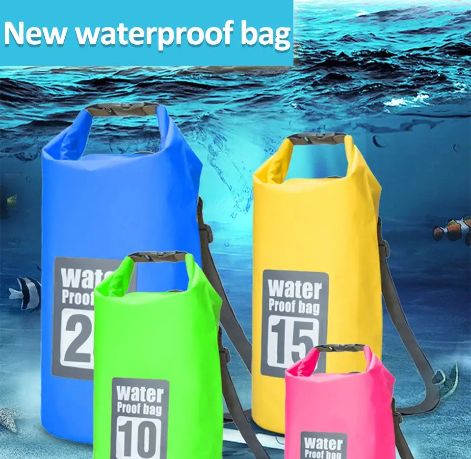 Simples Market PVC waterproof dry bag set with double shoulder straps in blue, yellow, green and pink (multi-size).