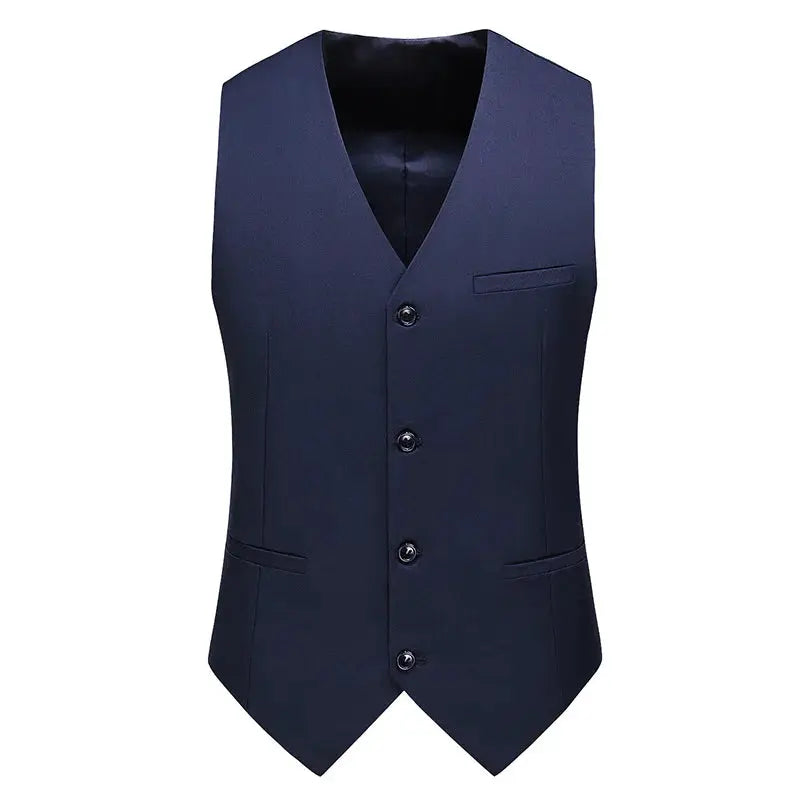 Men's navy blue vest waistcoat, slim-fit V-neck, four-button front with chest and lower welt pockets