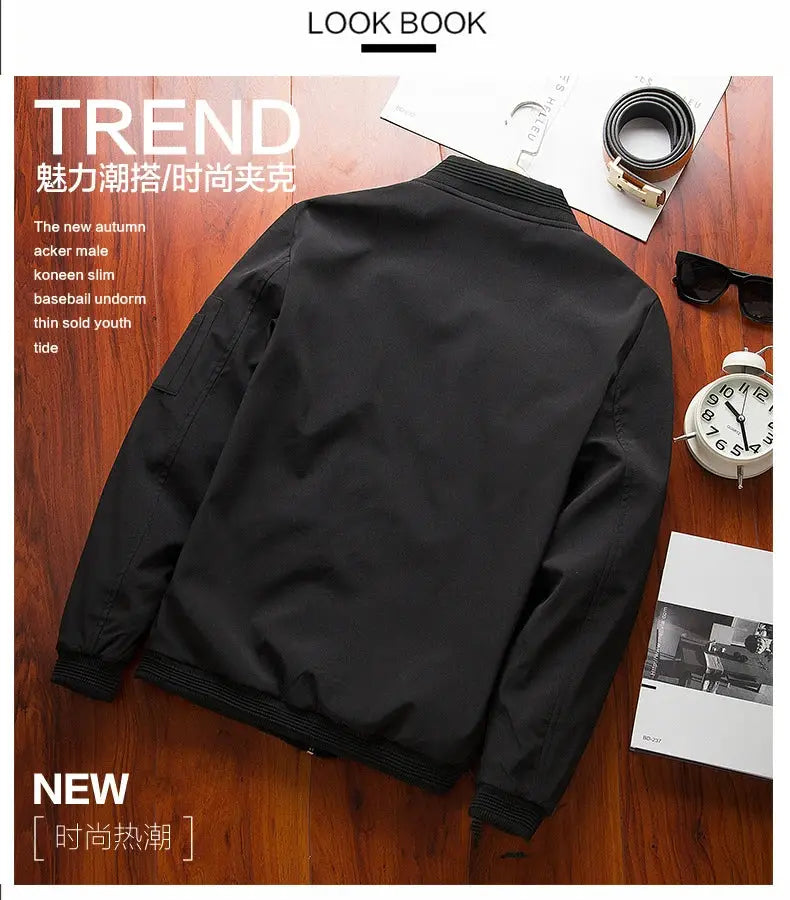 Men's bomber jacket black windbreaker with zipper, slim fit, ribbed cuffs and hem