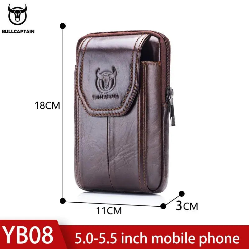 Leather belt waist pack by BullCaptain, brown leather, MOLLE design, 18x11x3 cm, fits 5.0–5.5 inch phones