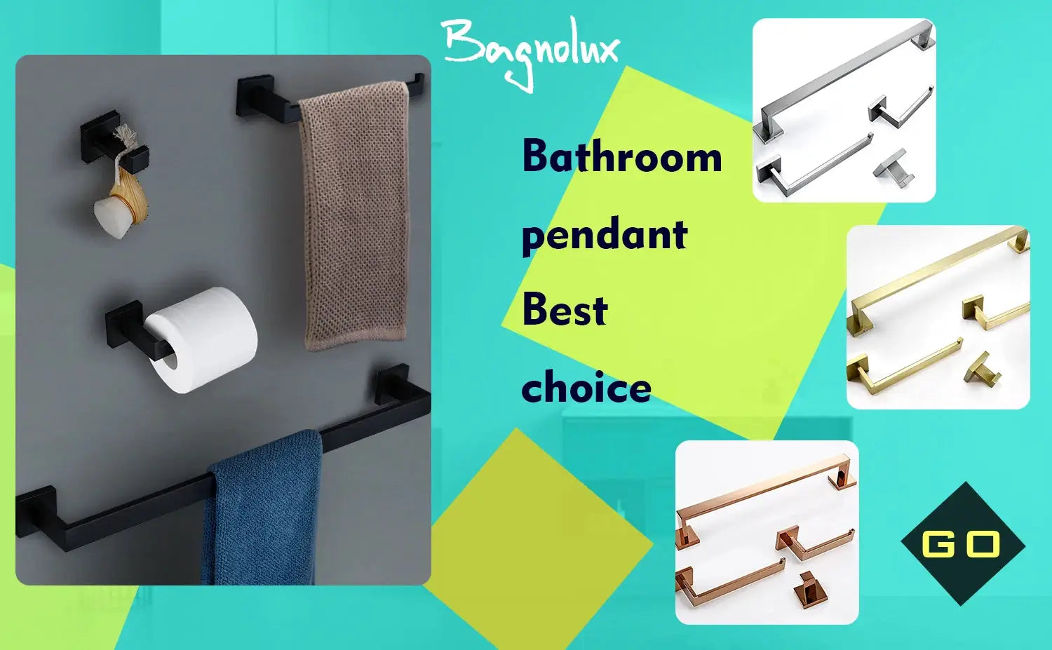 Simples Market Bagnolux bathroom hardware set in black matte with towel bar; finish options shown in silver and gold