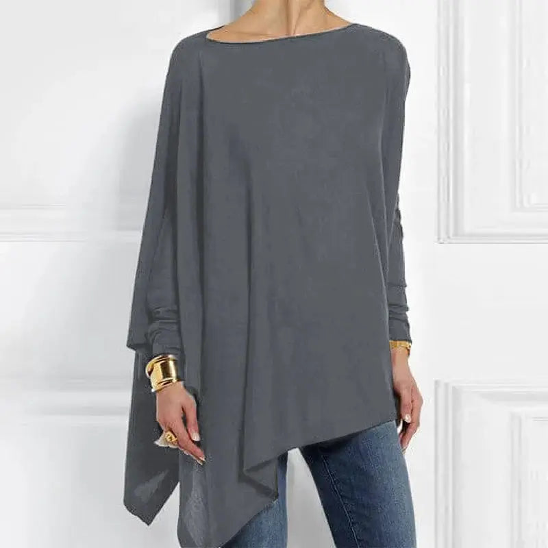 Cotton irregular women's blouse by Simples Market in dark gray, long-sleeve O-neck tunic with asymmetric hem