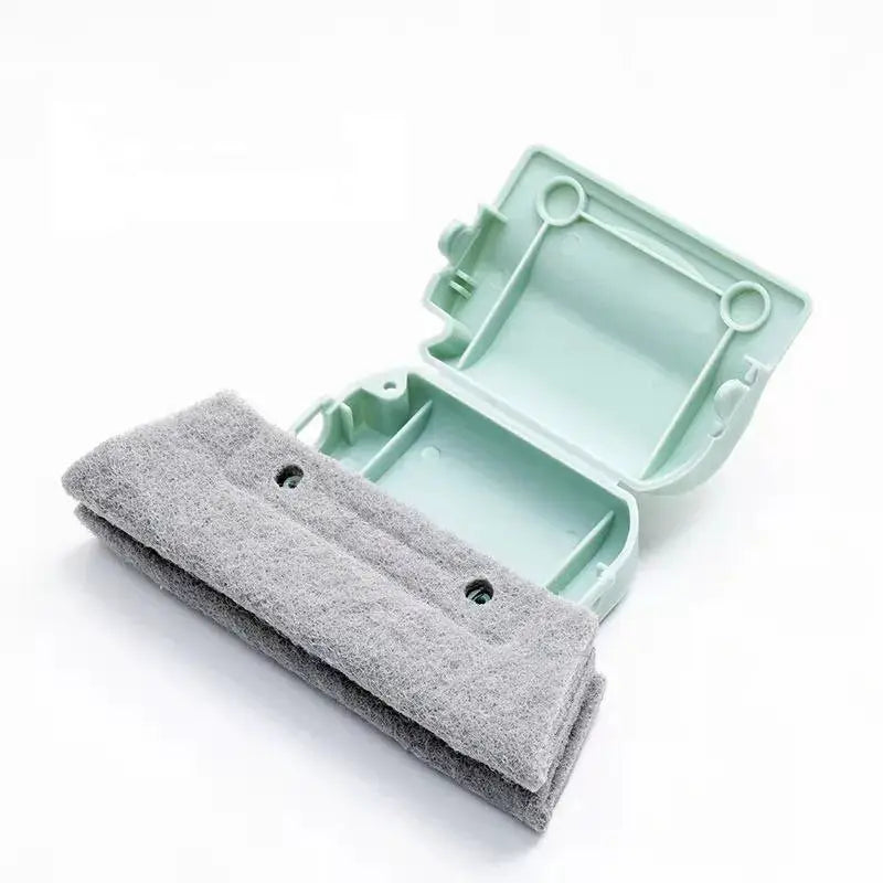 Groove window cleaning brush with mint green case and gray microfiber cloth