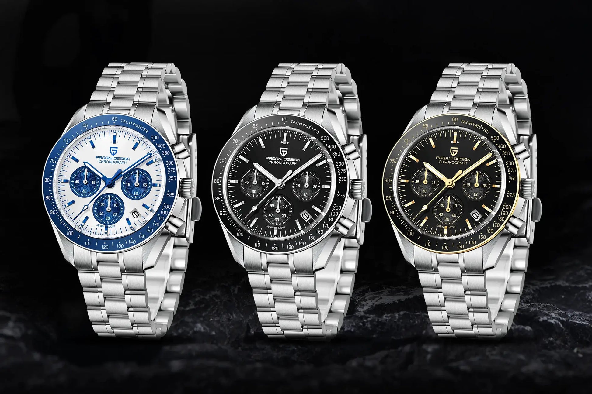 Pagani Design PD1701 V5 men's chronograph watches trio in blue, black, and gold with stainless steel bracelets