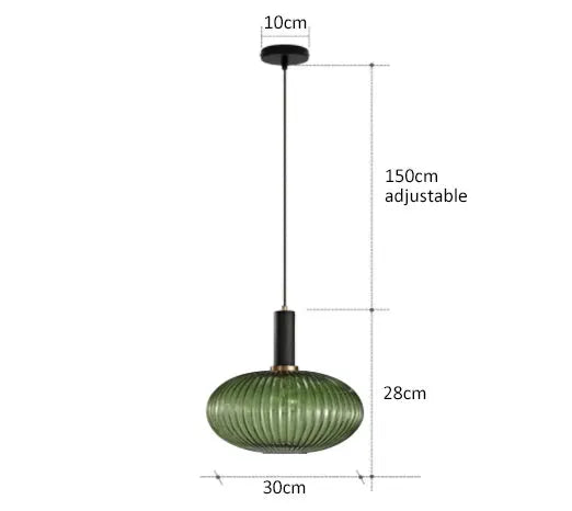 Pendant lamp, green ribbed glass, retro style, adjustable 150 cm hanging light