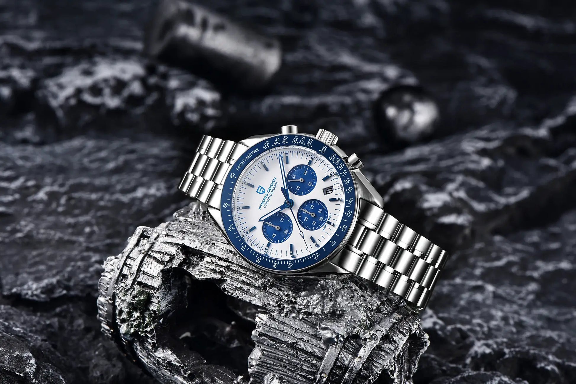Pagani Design men's luxury chronograph watch on stainless steel bracelet with white dial, blue subdials and date window