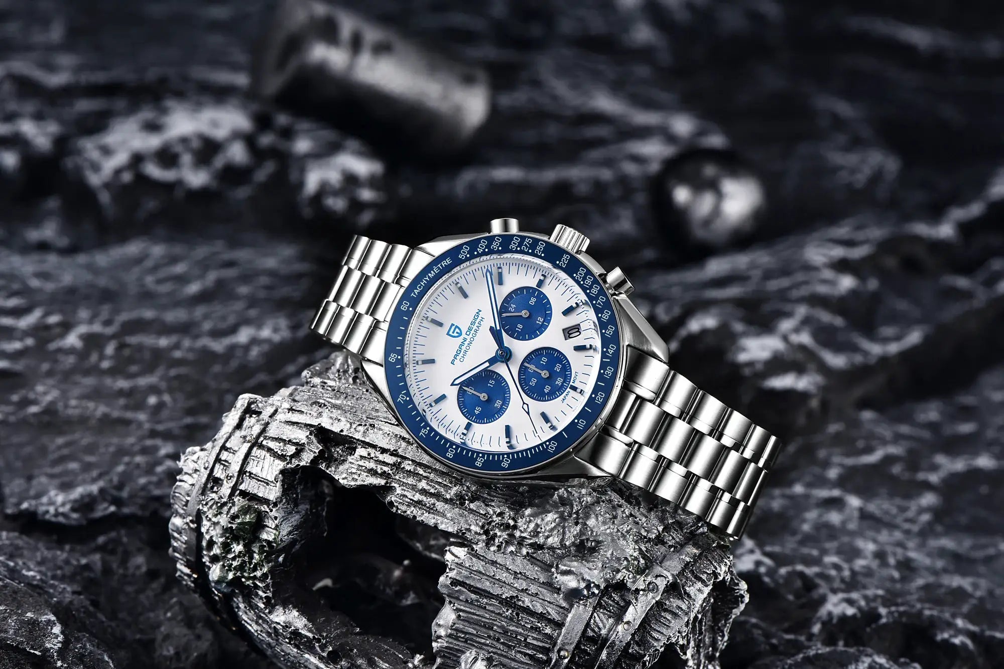 PAGANI DESIGN PD1701 men's chronograph watch on stainless steel bracelet with blue bezel and blue subdials