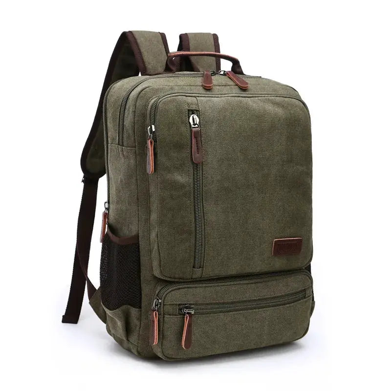 Vintage canvas backpack olive green with multiple zip pockets, Simples Market laptop backpack