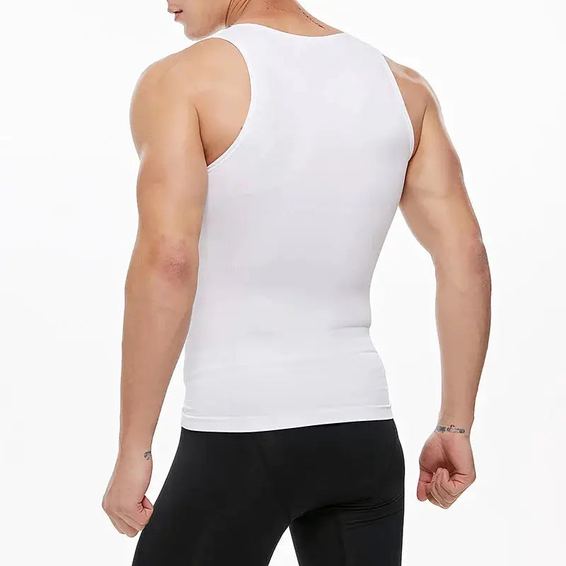 Mens white slimming body shaper compression tank top for abs and torso
