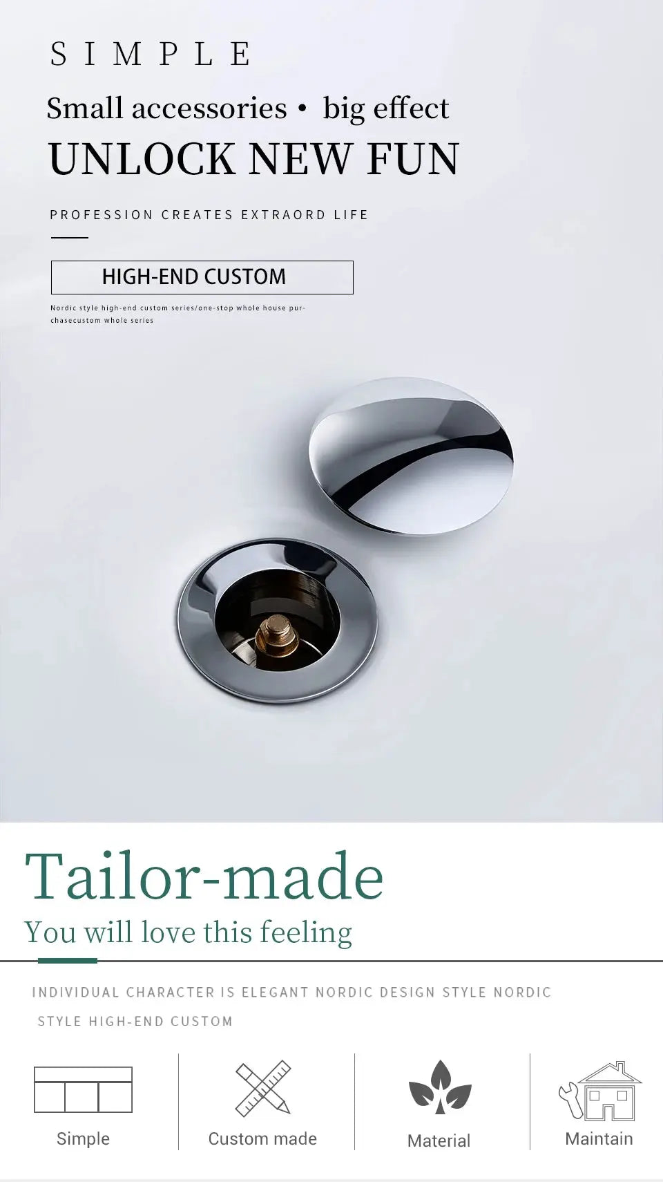 Simples Market Bagnolux chrome pop-up bathroom sink drain stopper for vessel vanity with brass fitting.
