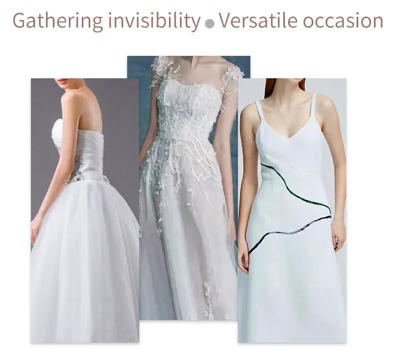 Three white wedding dresses collage: strapless ball gown, lace A-line, and minimalist sheath.