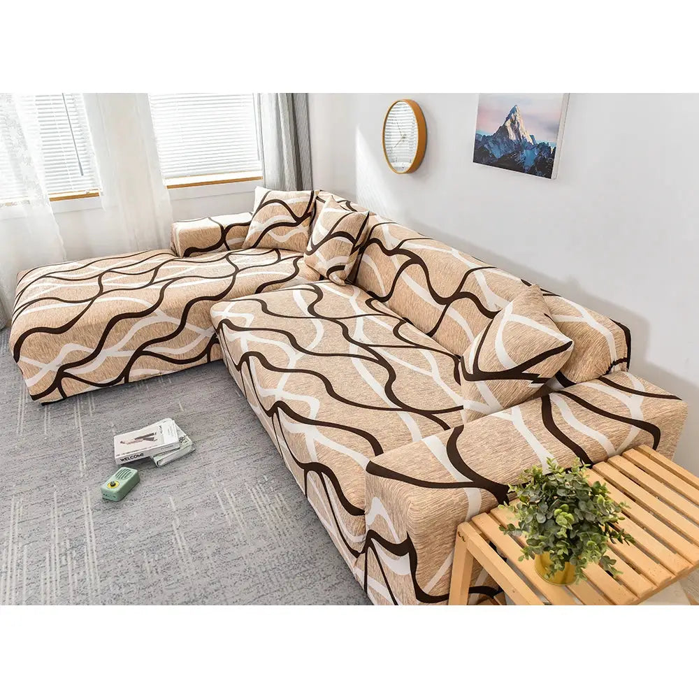 Simples Market stretch printed sofa cover for L-shaped corner sofa in beige with dark brown wavy pattern