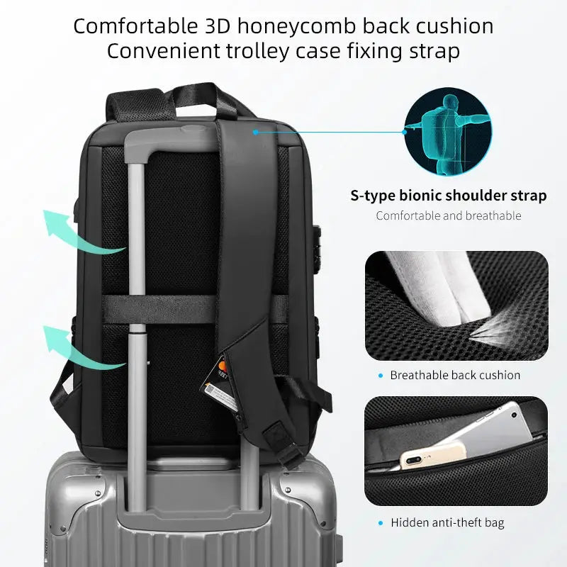 Fenruien laptop backpack, black anti-theft, USB charging and travel-ready design