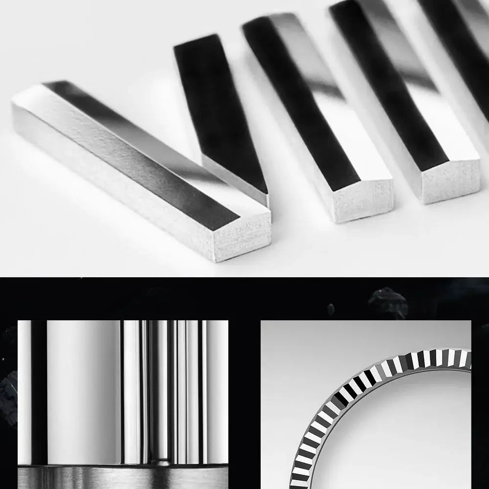 CADISEN men's mechanical watch components, five chrome bars and striped bezel detail