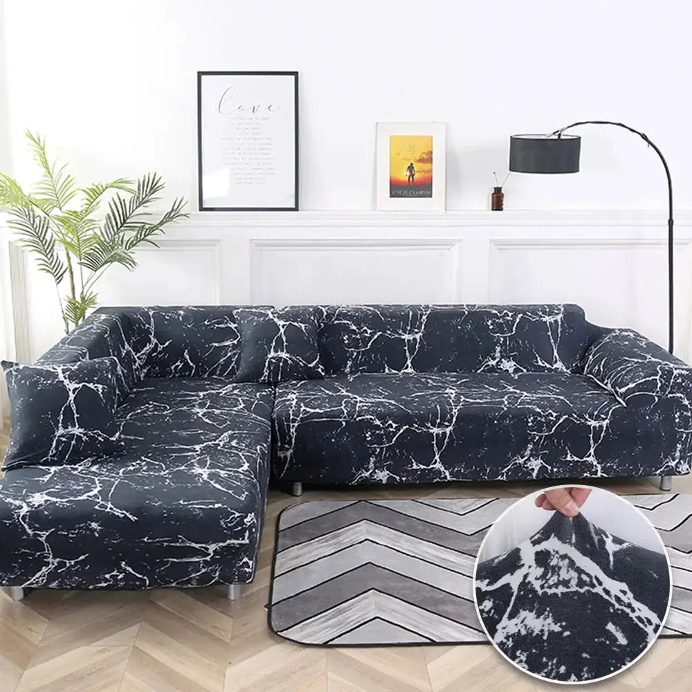 Sofa cover for L-shaped corner sofa, black marble print, elastic stretch slipcover by Simples Market