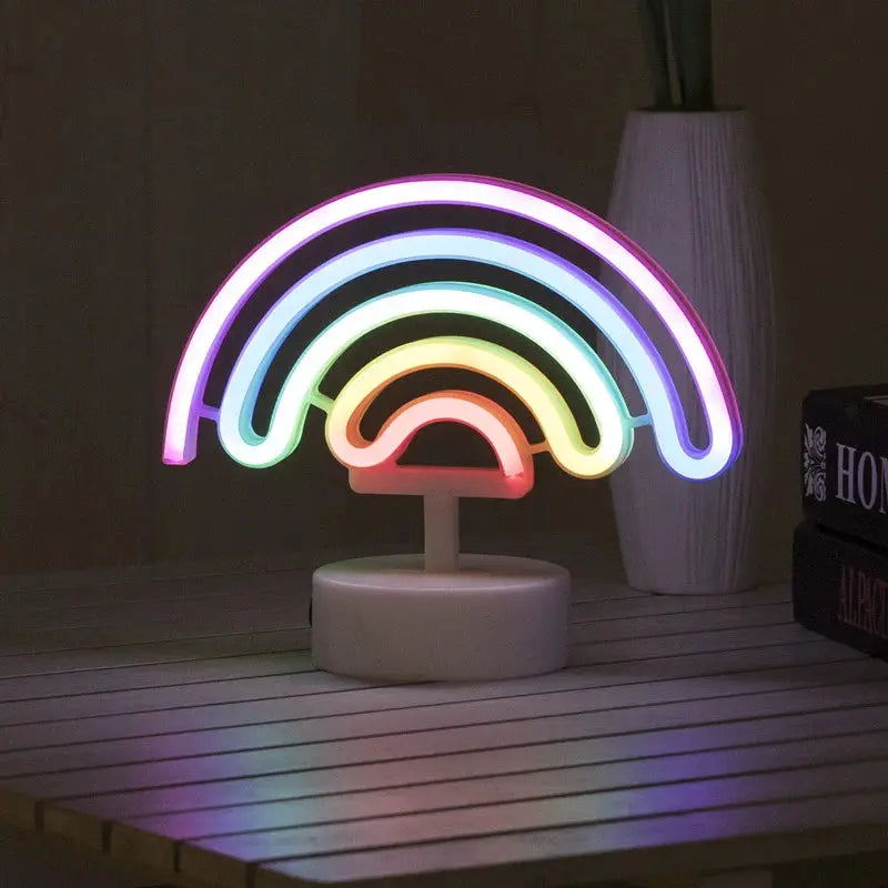 Rainbow neon sign LED lamp on a white base, USB-powered decorative night light for home or kids room.