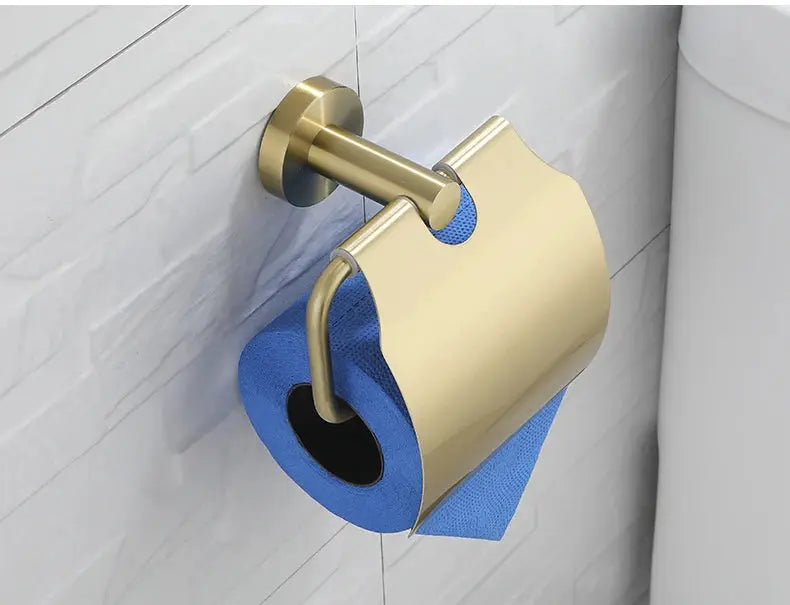 Brushed gold bathroom hardware set, wall-mounted with toilet paper holder and robe hook