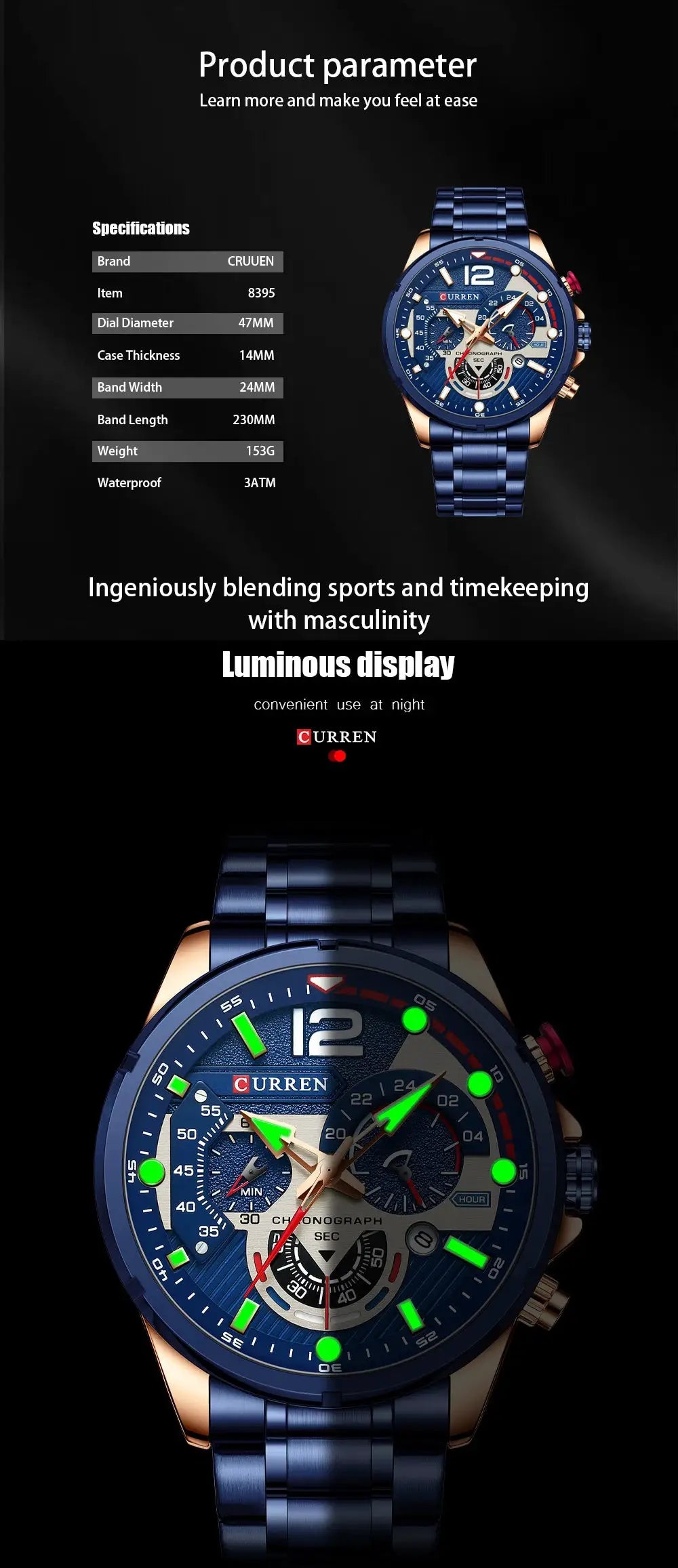 CURREN men's blue stainless steel bracelet chronograph watch with gold-tone case and luminous green markers
