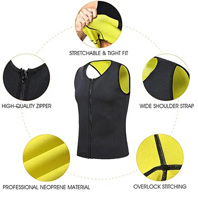 Men's waist trainer sauna vest body shaper in black neoprene with yellow lining, front zipper